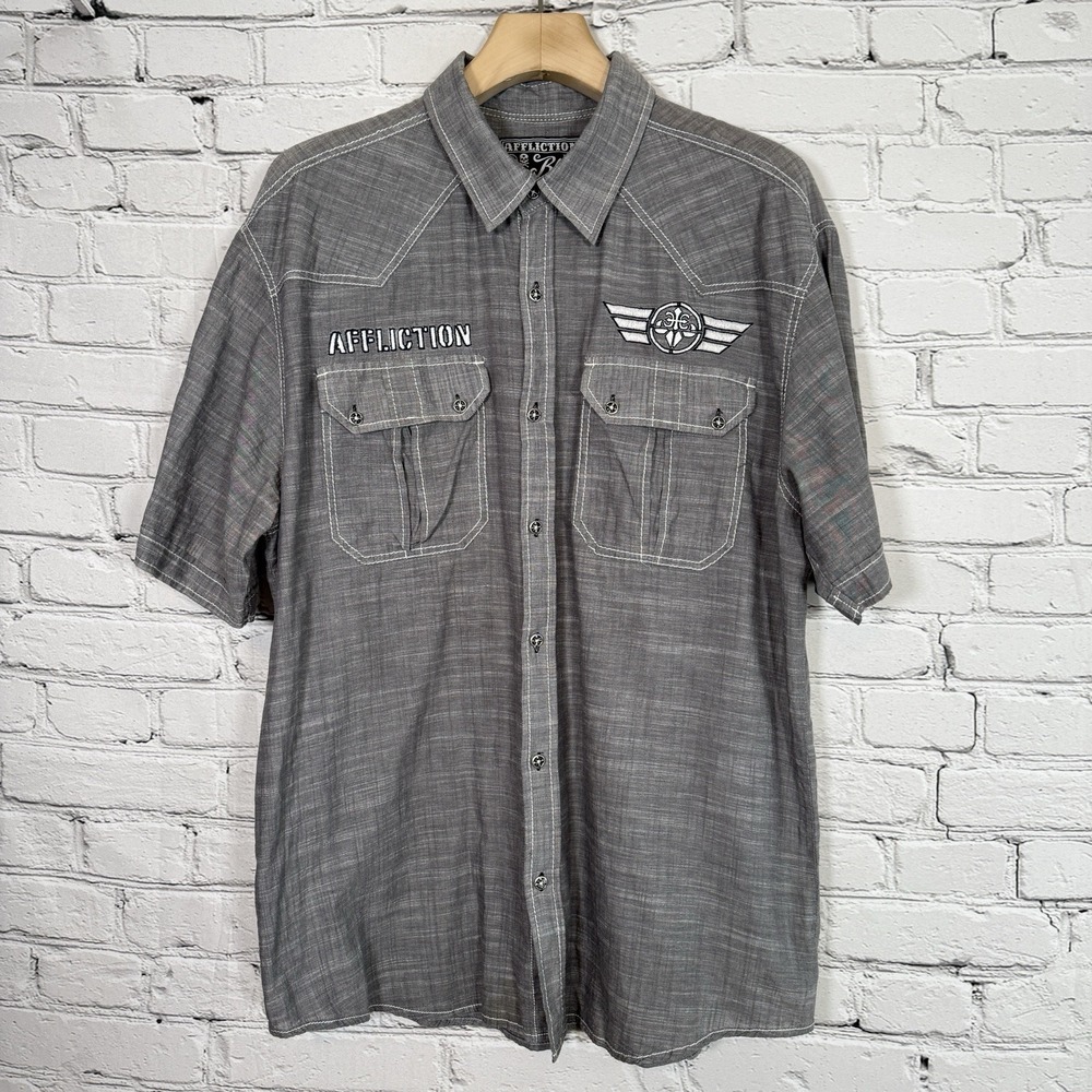 Affliction Button Up Shirt Mens 2XL‎ Slim Black Premium Metal Mercy Live Fast 73